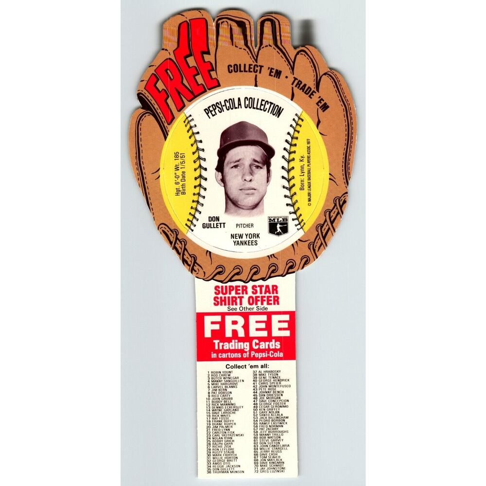 Pepsi-Cola Baseball Trading Card 1977 Don Gullett New York Yankees MLB Diecut